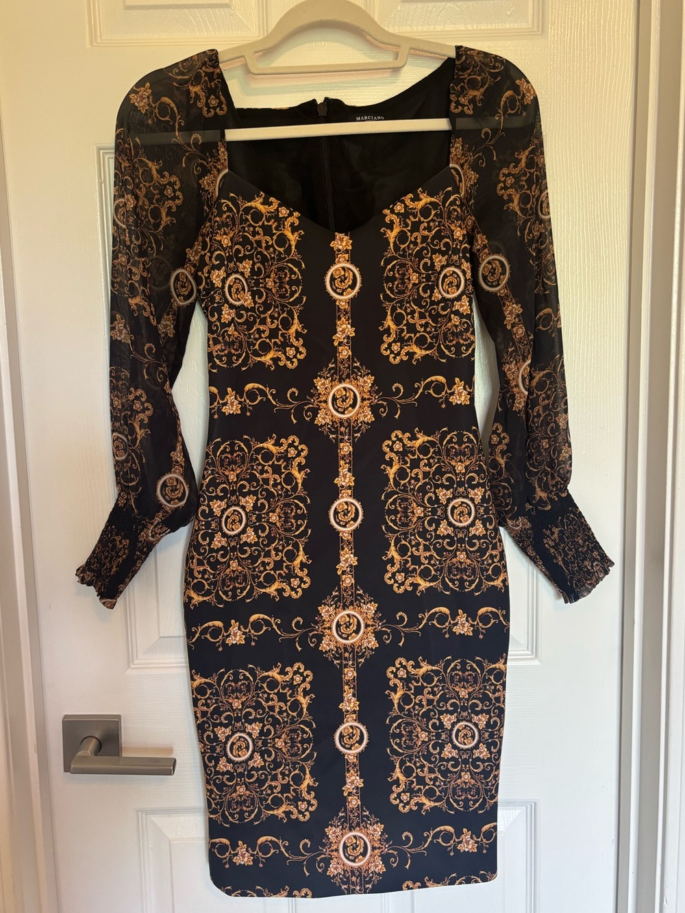 Black and Gold Baroque Print Long-Sleeve Sheath Dress